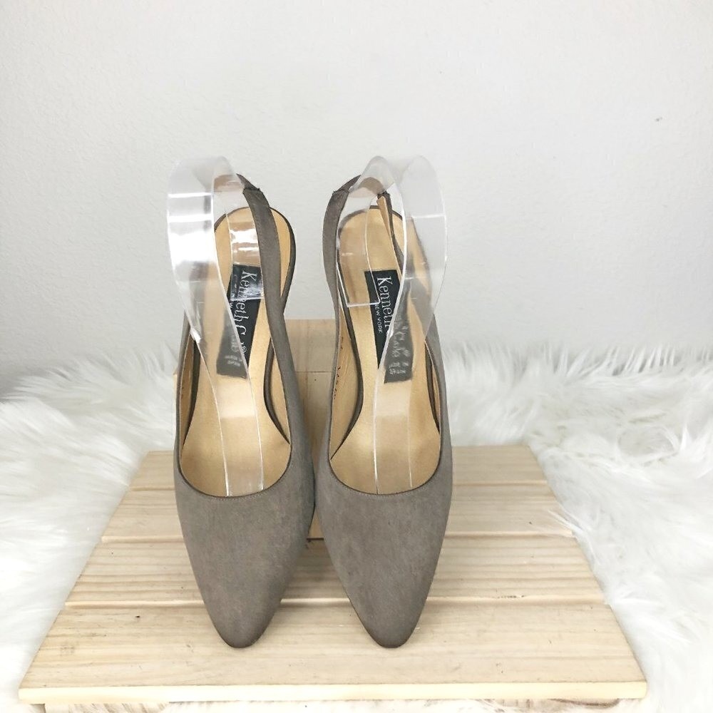 Kenneth Cole New York Greige Metallic Slingback Heels Pointy Toe Square Heel 7.5 - Picture 2 of 5